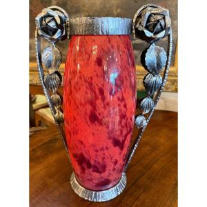 Large Art Deco Glass Vase With Wrought Iron Mount By André Delatte In Nancy, 1925