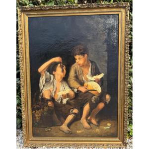 Large Painting Of Children Eating Melon And Grapes By Murillo Copy By Aug Molter Circa 1840