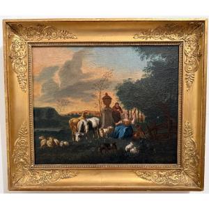 18th-century Dutch School Painting, Pastoral Scene After Johan Van Goool