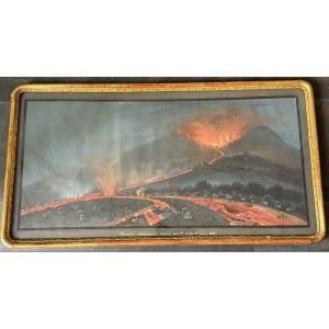 Grande gouache napolitaine éruption du Vésuve de 1855 souvenir du grand tour 98,5 cm