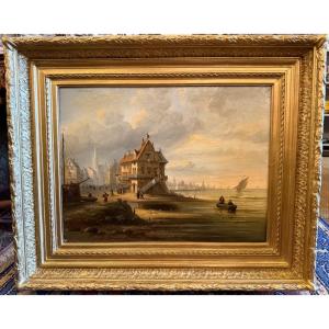 Large Painting From The Norman School, Landscape Of A Busy Coastal Town, Early 19th Century.