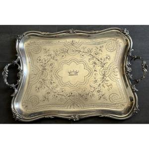 Large Serving Platter Decorated With A Count’s Crown, Silver-plated, Late 19th Century