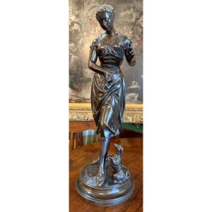 Bronze Sculpture Of A Young Girl Making A Small Dog Pose, By Marc Douay, Late 19th Century