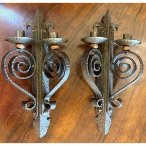Pair Of Art Deco Wall Sconces Made Of Wrought Iron And Hammered Copper 