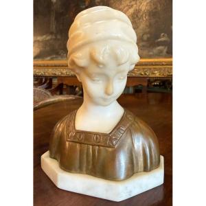 Petite sculpture buste de jeune femme albâtre bronze doré et marbre par René MAQUET fin XIXème