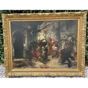 Very Large 19th-century Street Carnival Painting In The Troubadour Style, 140 X 110 Cm