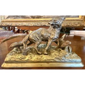 Alfred Dubucand Small Gilded Bronze Sculpture Of A Fox Caught In A Trap In Front Of A Partridge
