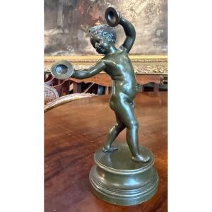 Petite sculpture bronze enfant musicien dansant d'après Clodion fonte XIXème