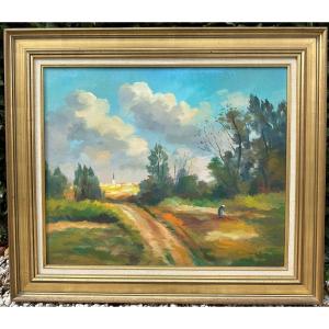 Grand tableau vue d'Ars en Ré Île de Ré Par Louis Suire 1982 65 X 54 Cm