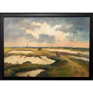 Louis Suire grand tableau couple de sauniers dans les marais d'Ars en Ré Île de Ré 1984