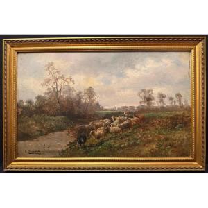 Tableau bergère menant ses moutons à la rivière par Émile Durieux XIXème