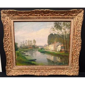Louis Suire: Large Painting Of Flower-filled Houses Along The River In The Poitevin Marshes, The "green Venice"