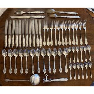 Art Nouveau 54-piece Silver-plated Metal Cutlery Set By Boulenger Circa 1900