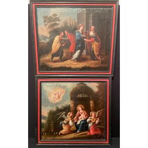 École italienne paire de tableaux religieux scènes de la vie de la Vierge XVIIIème siècle