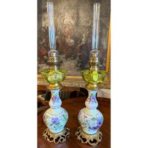 Pair Of Paris Porcelain Oil Lamps Decorated With Volubilis Motifs, From The Napoleon III Era