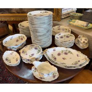 Art Nouveau Tableware Set With Mauve Chrysanthemum Design, Limoges Porcelain, 65-piece Set