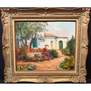 Louis Suire: Large Painting Of A Flower-filled House On The île De Ré