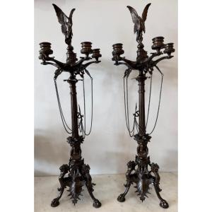 Important Pair Of Candelabras Signed "f. Barbedienne" After Barye, 78 Cm