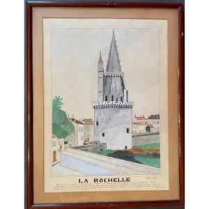 Aquarelle la tour de la Lanterne ou tour des 4 Sergents à La Rochelle par Gilbert Pajot