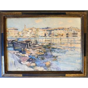 Large Watercolor Painting Of The Brescon Neighborhood In Martigues By Louis Agricol Montagné