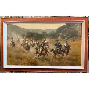 Very Large Painting Of Gaucho Horsemen In The Argentine Pampas By Karol Kossak, 140 X 80 Cm