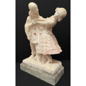 Sculpture marbre Art Déco Pierrot et Colombine vers 1925