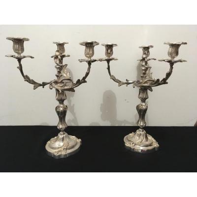 Pair Of Chandeliers Candelabra In Silver Bronze