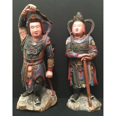 Chine Importante Paire De Gardiens De Temple En Bois XIXème