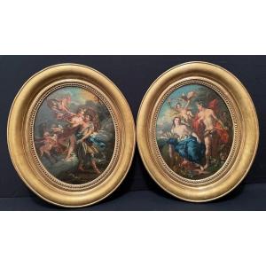 Paire De Tableaux Scènes Mythologiques Vénus Et Adonis , Diane Et Endymion XIXème