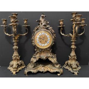 Pendule Et Candélabres Garniture De Cheminée Louis XV Rocaille En Bronze Doré Napoléon III