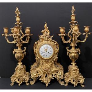 Importante Garniture De Cheminée Pendule Et Candélabres Louis XV Rocaille  72 cm Napoléon III