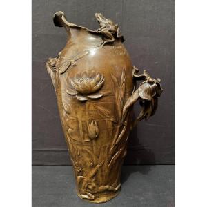 Vase Bronze  Art Nouveau Iris Et Nénuphars Par Debon Susse Fondeur 1909