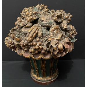 Importante Corbeille De Fruits Et Fleurs En Bois Sculpté Fin XVIIème