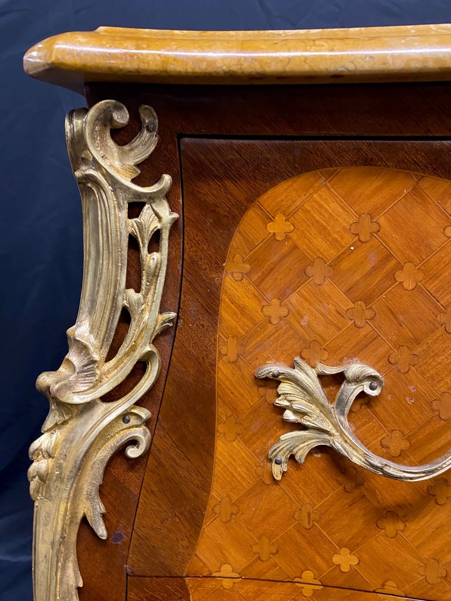 Louis XV Style Curved Commode In Inlaid Veneer Wood-photo-1