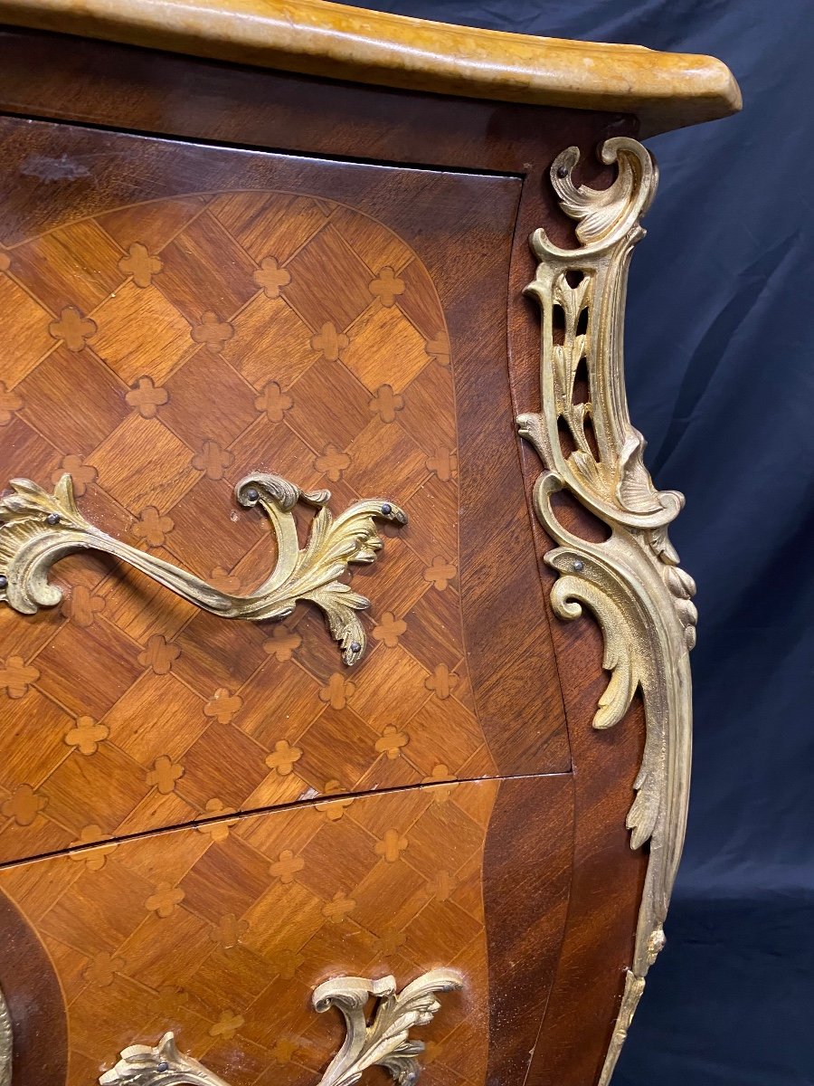 Louis XV Style Curved Commode In Inlaid Veneer Wood-photo-2