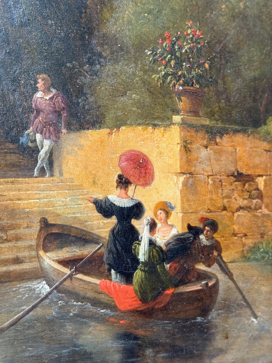 Oil On Canvas, Romantic Scene, 19th Century-photo-3