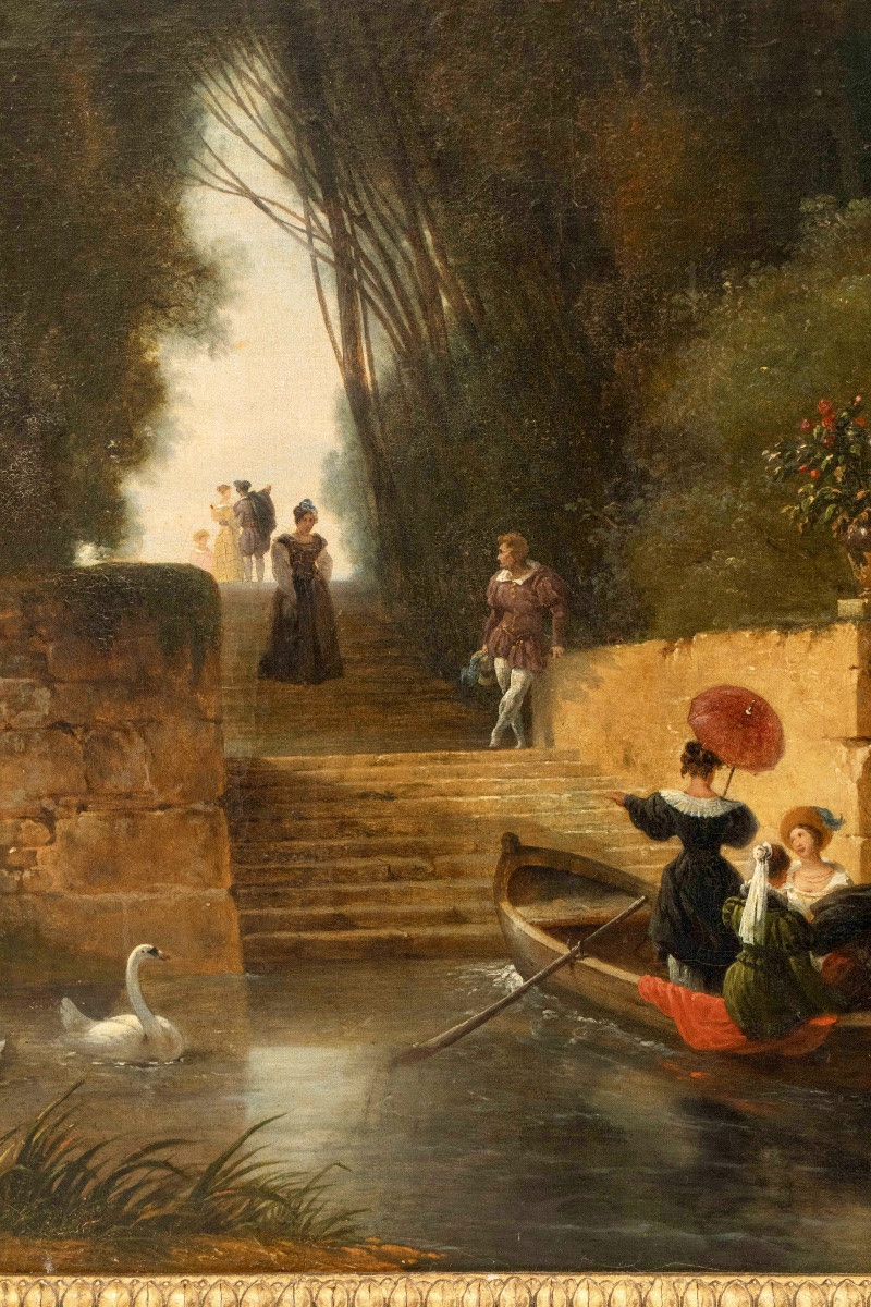 Oil On Canvas, Romantic Scene, 19th Century-photo-4