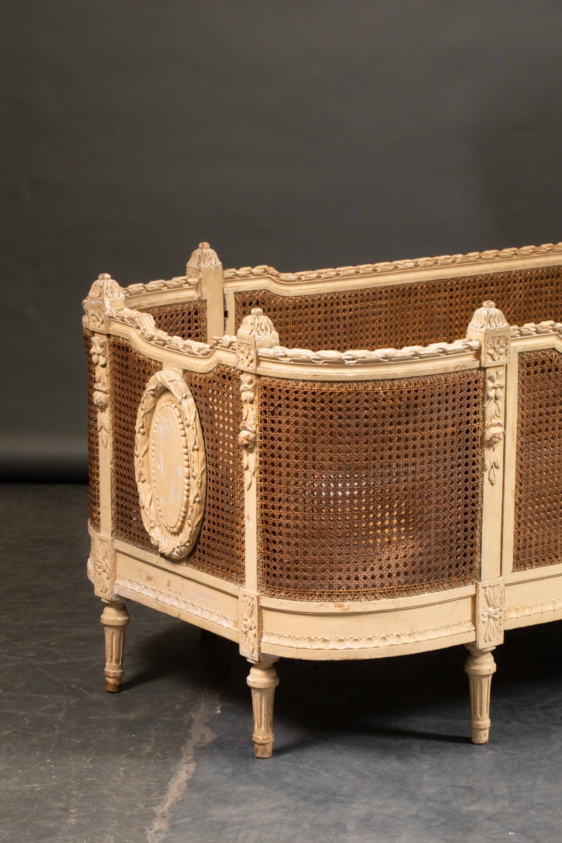 Louis XVI Style Child's Bed With Beige Molded Wood Cane -photo-1