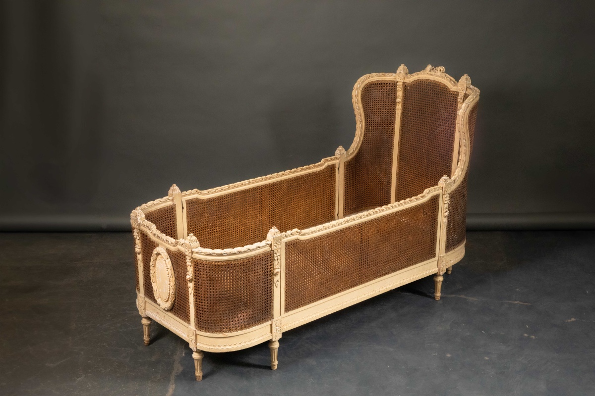 Louis XVI Style Child's Bed With Beige Molded Wood Cane 
