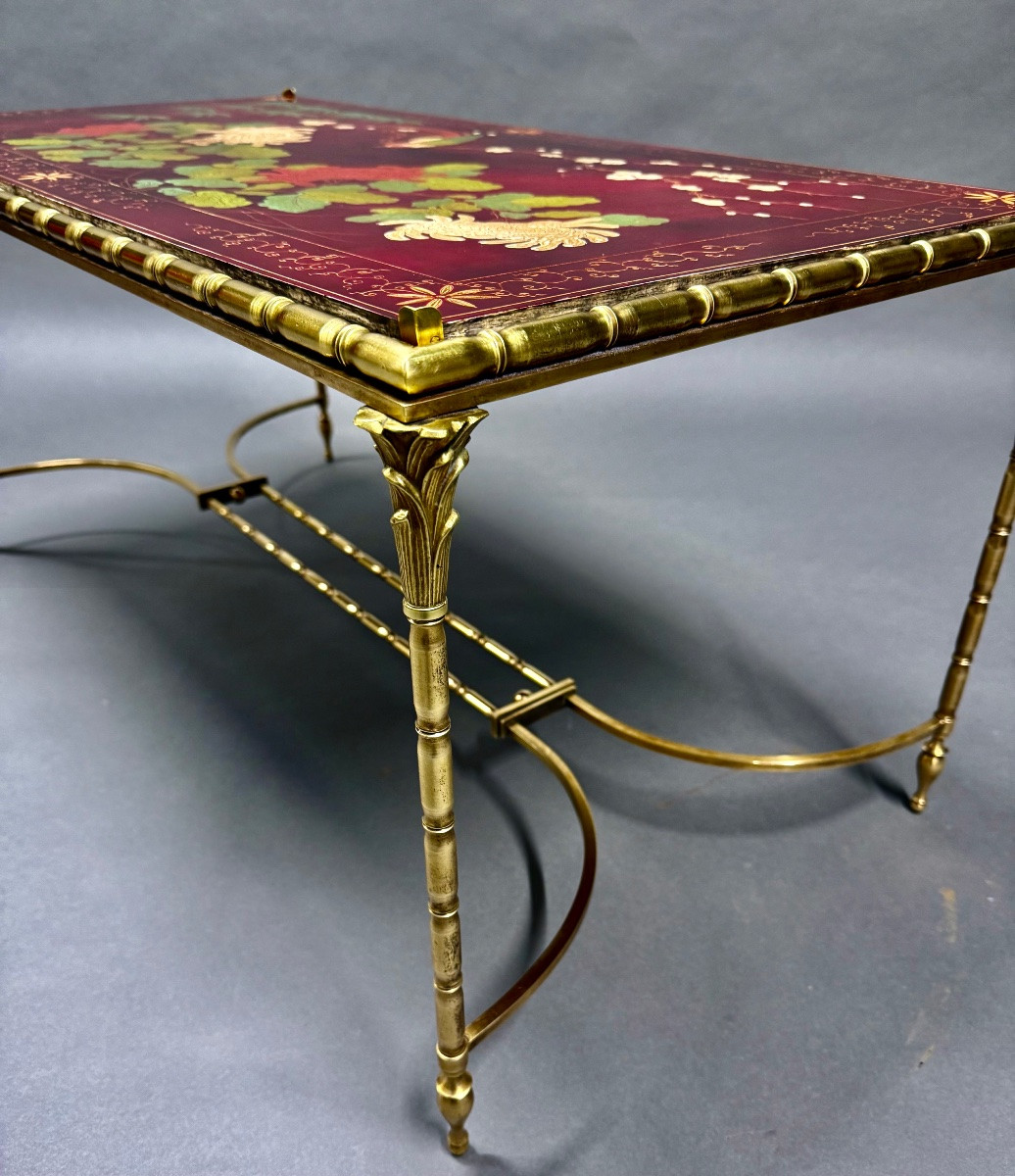  Table Basse Bronze Décor Palmier, Plateau Laque De Chine Rouge Style Maison Baguès "1950/70-photo-3
