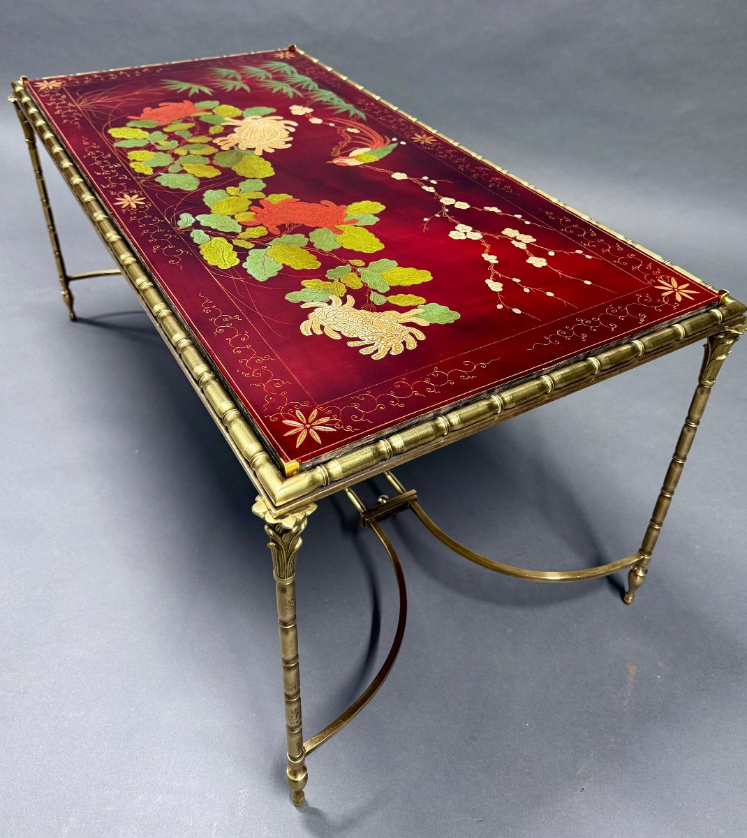  Table Basse Bronze Décor Palmier, Plateau Laque De Chine Rouge Style Maison Baguès "1950/70-photo-4