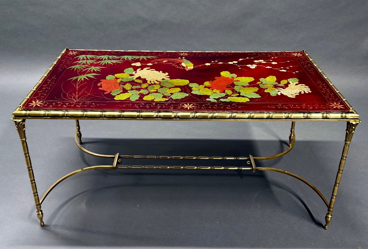  Table Basse Bronze Décor Palmier, Plateau Laque De Chine Rouge Style Maison Baguès "1950/70