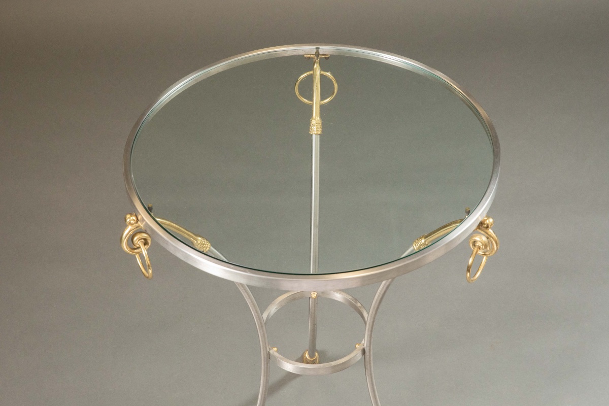 Jansen-style Brass And Steel Side Table With Glass Top-photo-1