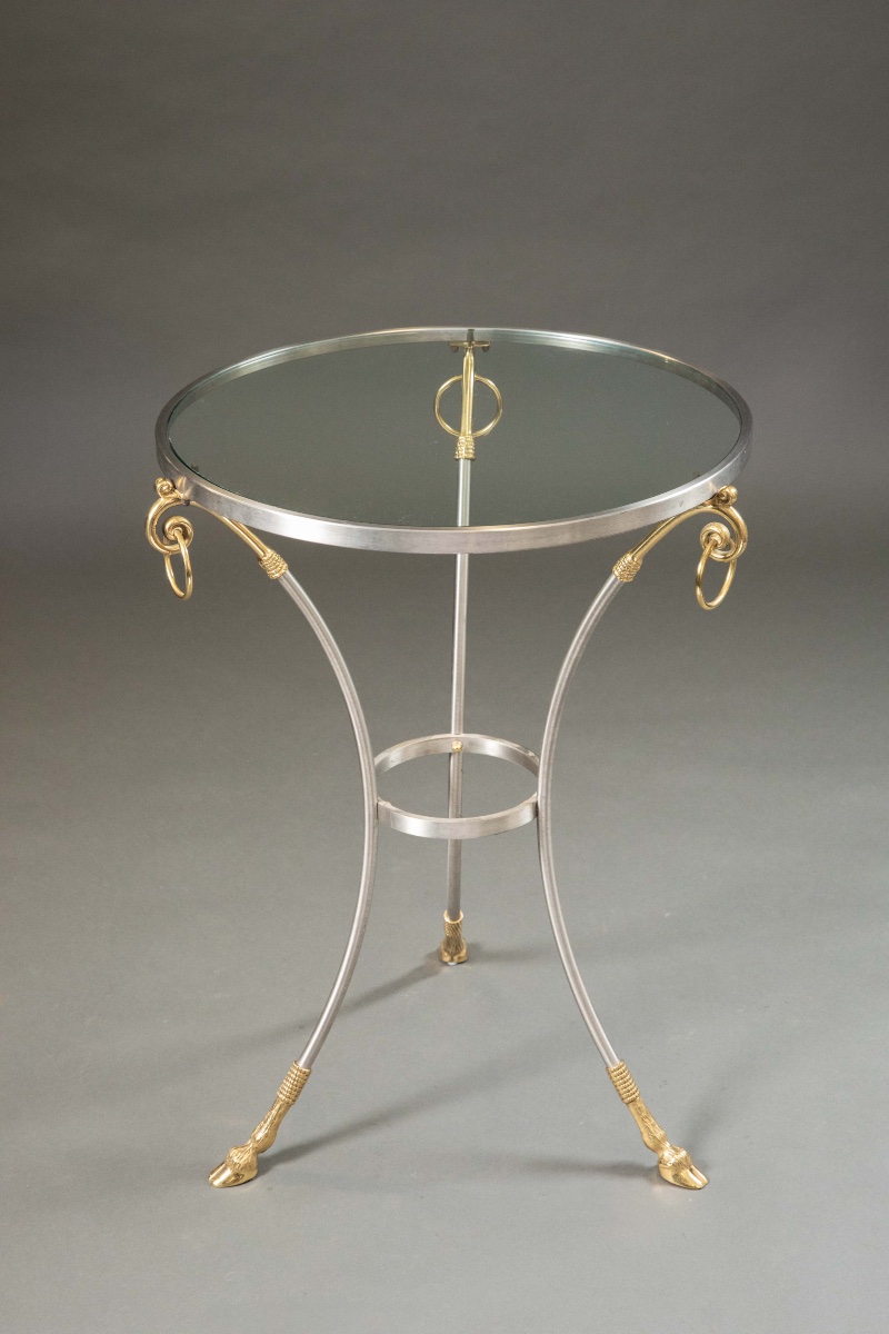 Jansen-style Brass And Steel Side Table With Glass Top-photo-2