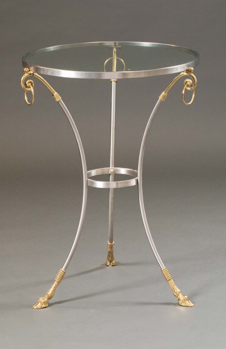 Jansen-style Brass And Steel Side Table With Glass Top