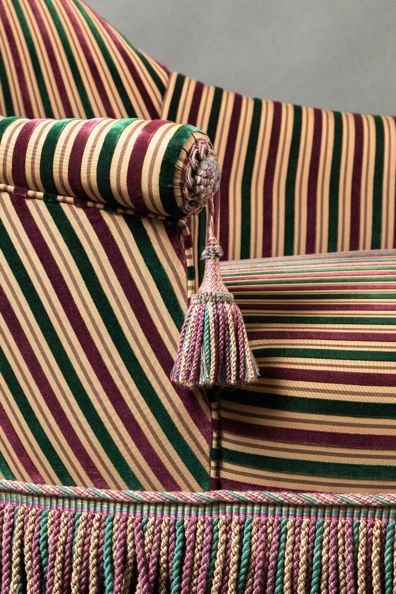 Grande Méridienne – Élégant Tissu Rayé et Passementerie – Longueur 170 c-photo-4