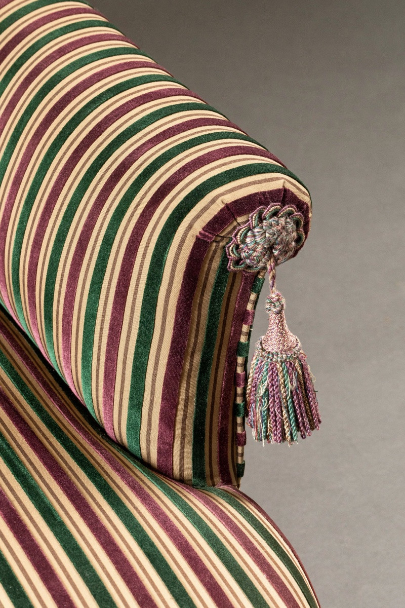 Grande Méridienne – Élégant Tissu Rayé et Passementerie – Longueur 170 c-photo-4