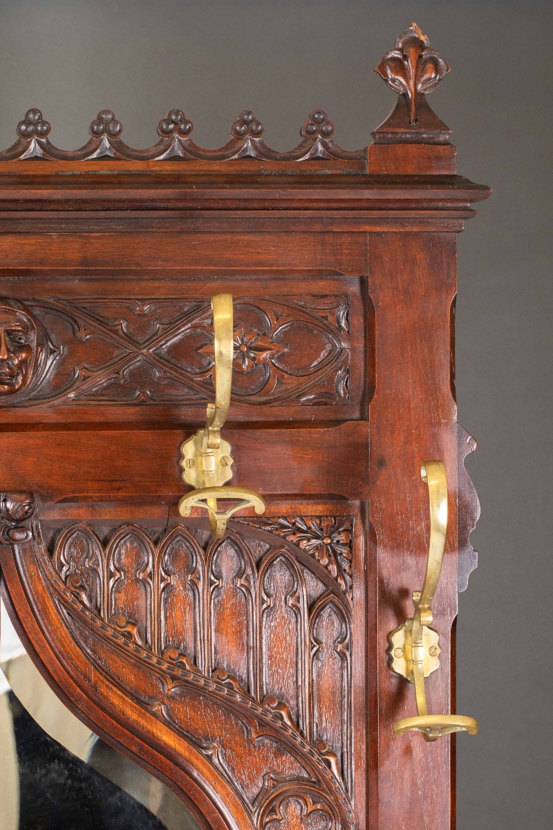 Large Neo-gothic Hall Coat Rack In Carved Wood, With Mirror And Brass Hooks – 19th Century-photo-1