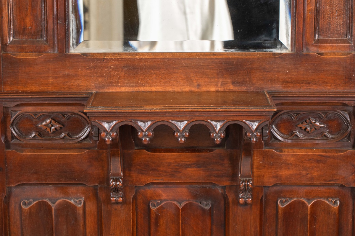 Large Neo-gothic Hall Coat Rack In Carved Wood, With Mirror And Brass Hooks – 19th Century-photo-2