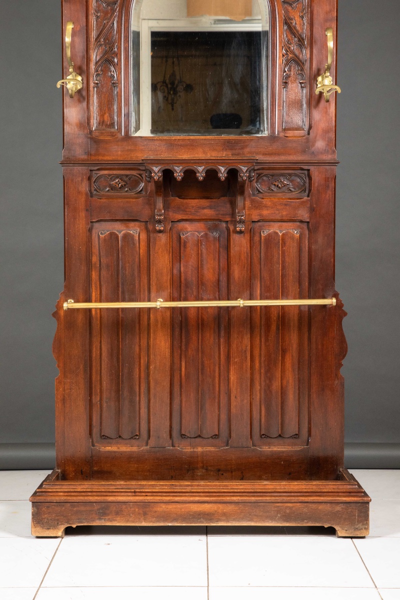 Large Neo-gothic Hall Coat Rack In Carved Wood, With Mirror And Brass Hooks – 19th Century-photo-5